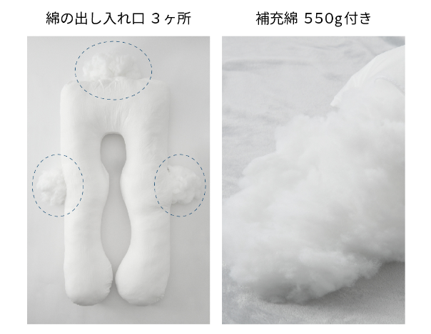 ハグモッチ抱き枕は綿の出し入れ口が3箇所